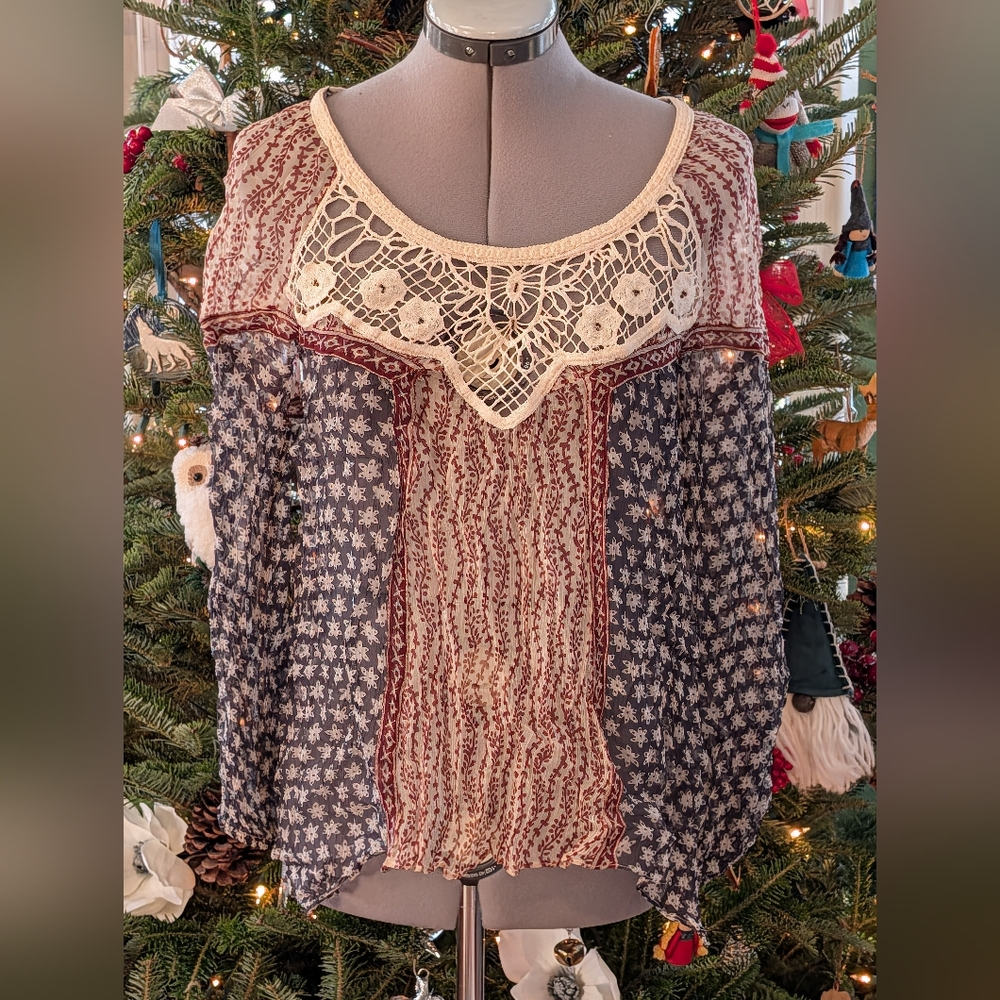 Free People Boho Patchwork Blouse - Cream, Red, Blue